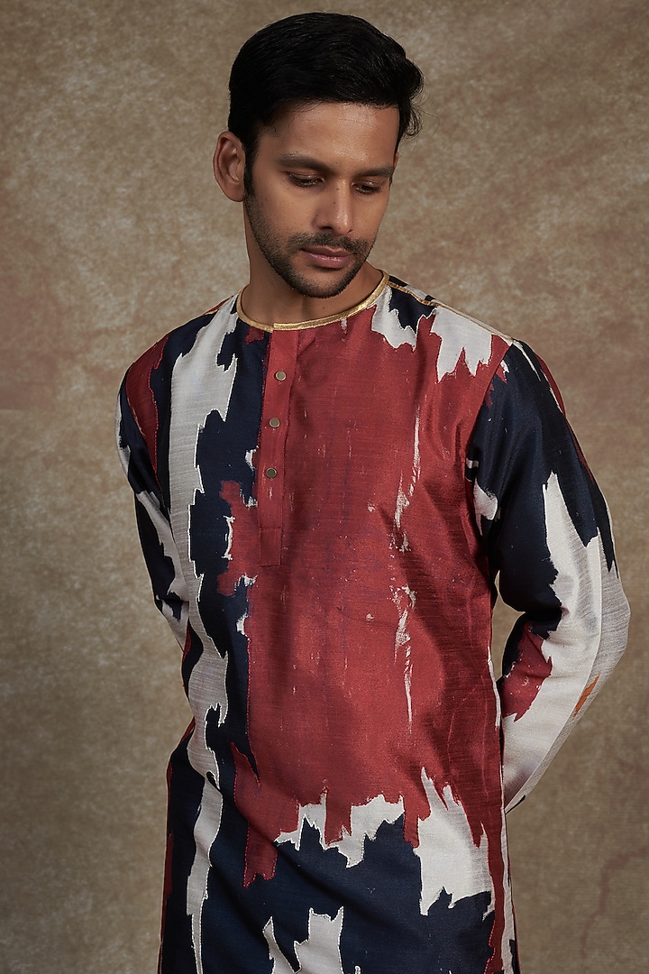 Multi-Colored Silk Dupion Printed & Embroidered Kurta by Saksham and Neharicka Men at Pernia's Pop Up Shop