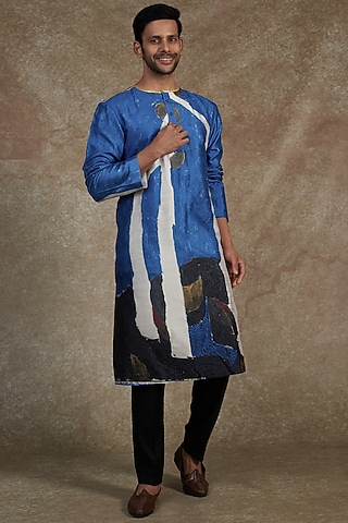 Blue Silk Dupion Printed Kurta by Saksham and Neharicka Men