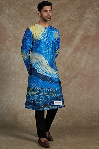 Blue Silk Dupion Printed Kurta by Saksham and Neharicka Men