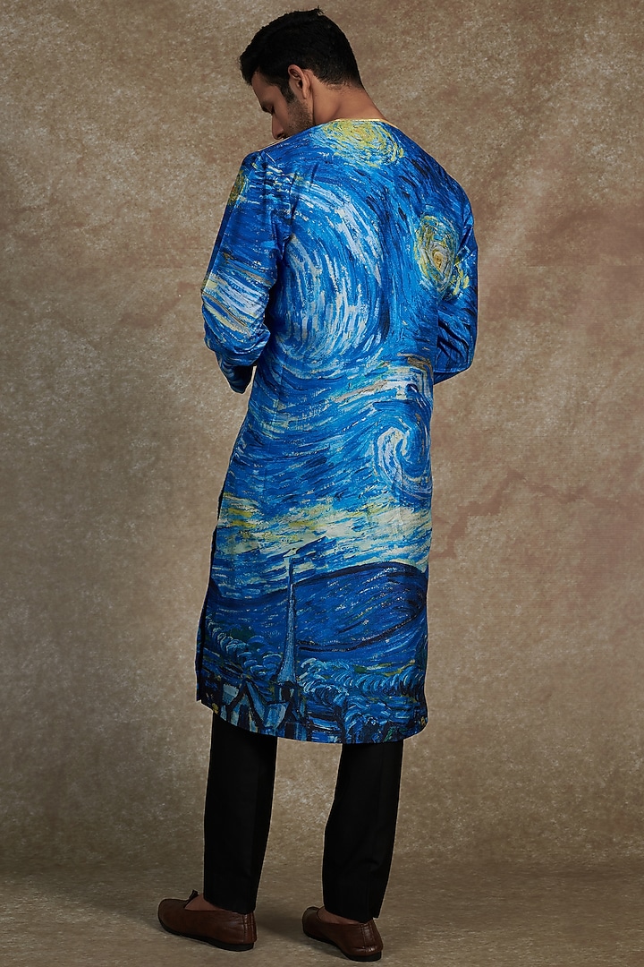 Blue Silk Dupion Printed Kurta by Saksham and Neharicka Men at Pernia's Pop Up Shop