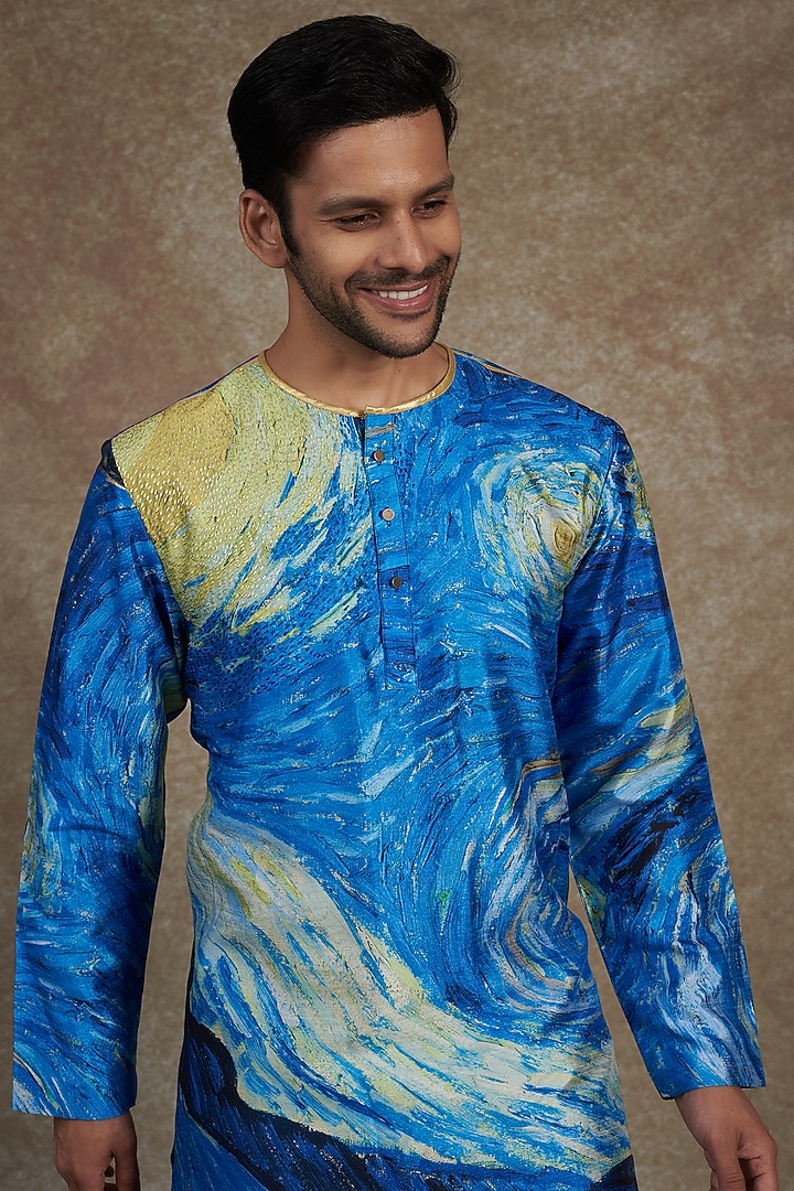 Blue Silk Dupion Printed Kurta by Saksham and Neharicka Men at Pernia's Pop Up Shop