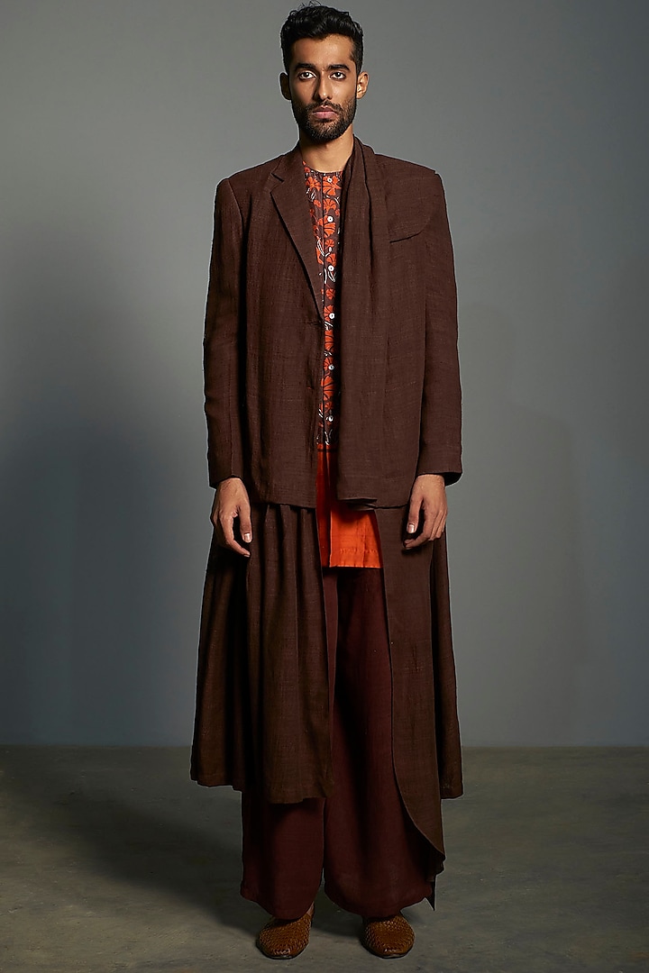 Brown Handcrafted Asymmetrical Layered Jacket Set by Saksham and Neharicka Men