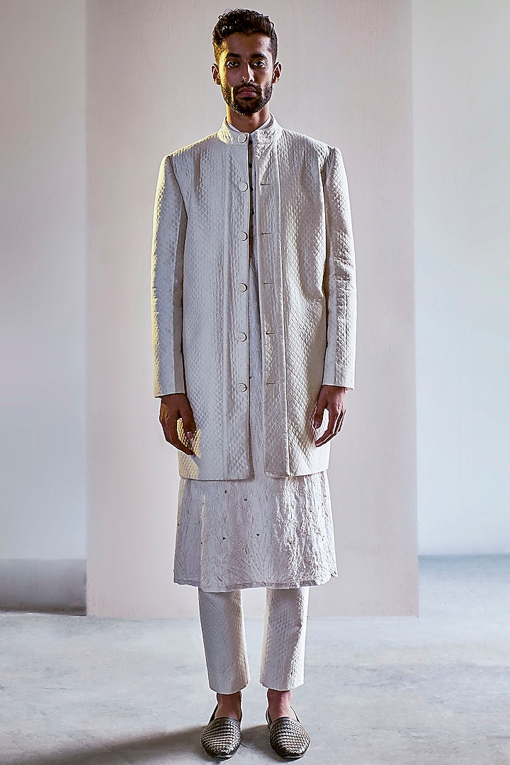 Ivory Handcrafted Long Bandhgala Jacket Set by Saksham and Neharicka Men