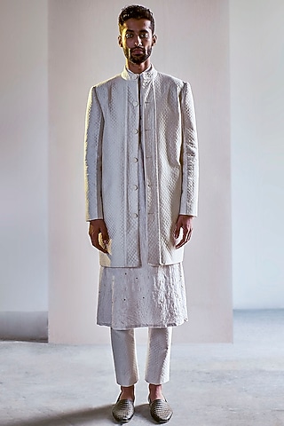 Ivory Handcrafted Long Indo-Western Jacket Set by Saksham and Neharicka Men