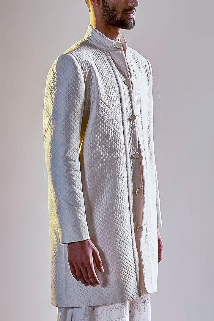 Ivory Handcrafted Long Bandhgala Jacket Set by Saksham and Neharicka Men at Pernia's Pop Up Shop