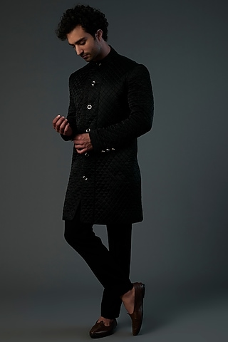 Black Silk Satin Quilted Sherwani Set by Saksham and Neharicka Men