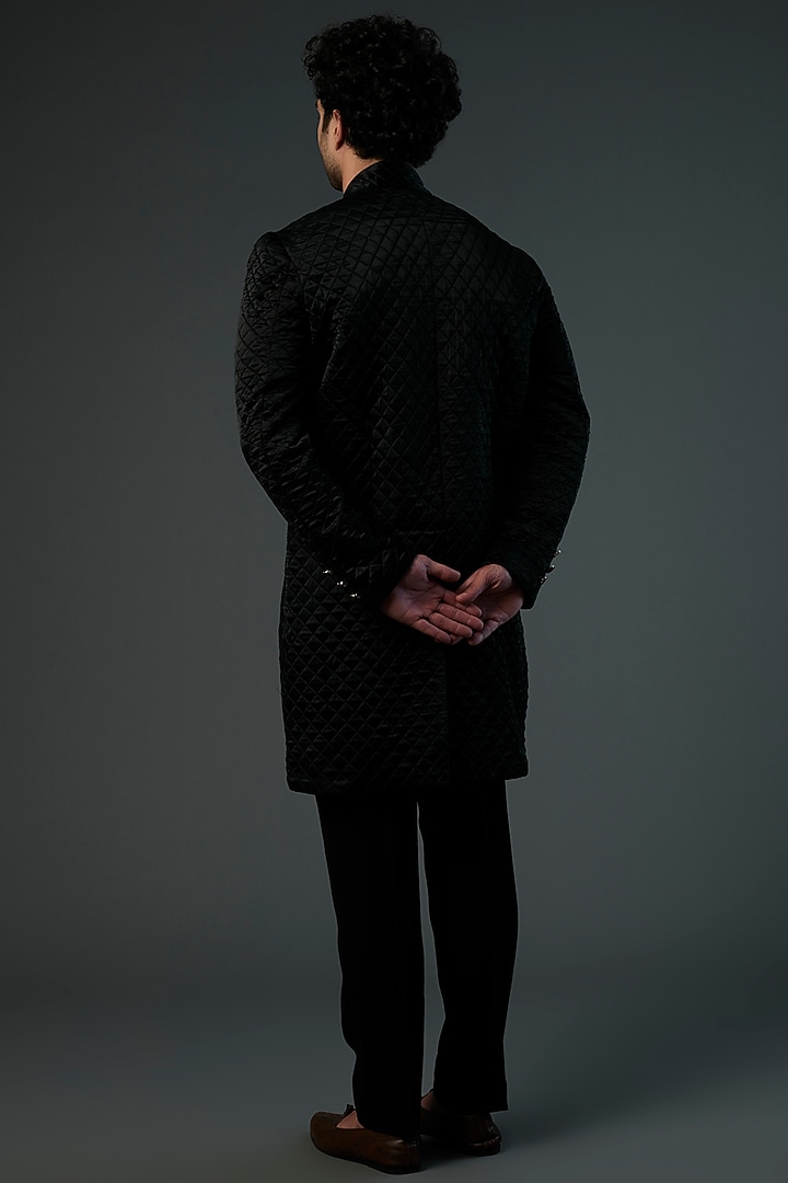 Black Silk Satin Quilted Wedding Sherwani Set by Saksham and Neharicka Men at Pernia's Pop Up Shop