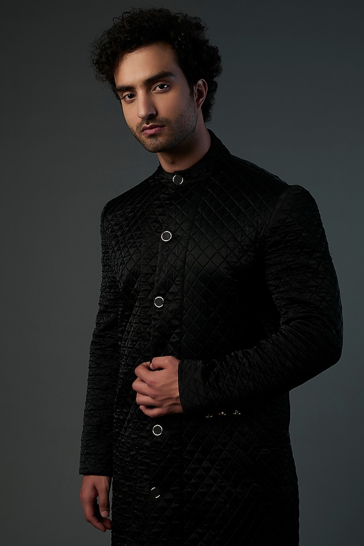 Black Silk Satin Quilted Wedding Sherwani Set by Saksham and Neharicka Men at Pernia's Pop Up Shop