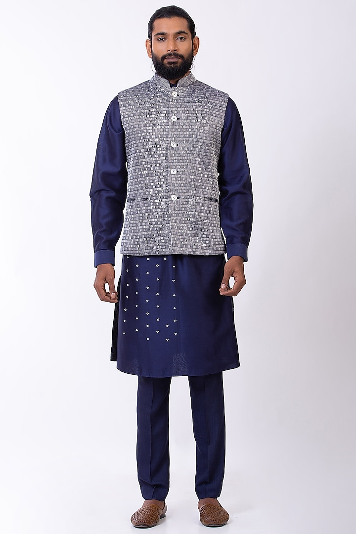 Blue Handwoven Bundi Jacket by Saksham and Neharicka Men
