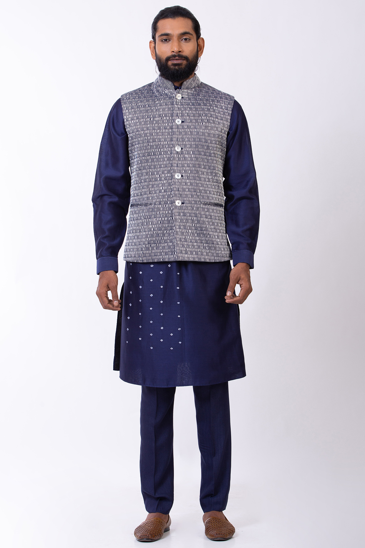 Blue Handwoven Bundi Jacket by Saksham and Neharicka Men