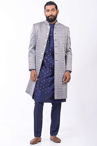 Blue Jacquard Silk Sherwani Set by Saksham and Neharicka Men