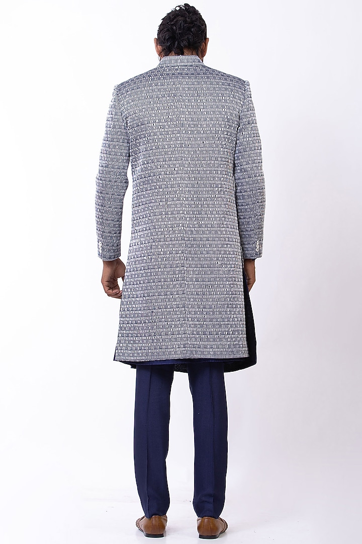 Blue Jacquard Silk Wedding Sherwani Set by Saksham and Neharicka Men at Pernia's Pop Up Shop