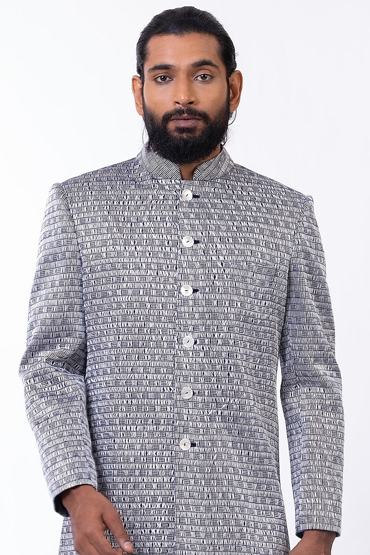 Blue Jacquard Silk Wedding Sherwani Set by Saksham and Neharicka Men at Pernia's Pop Up Shop