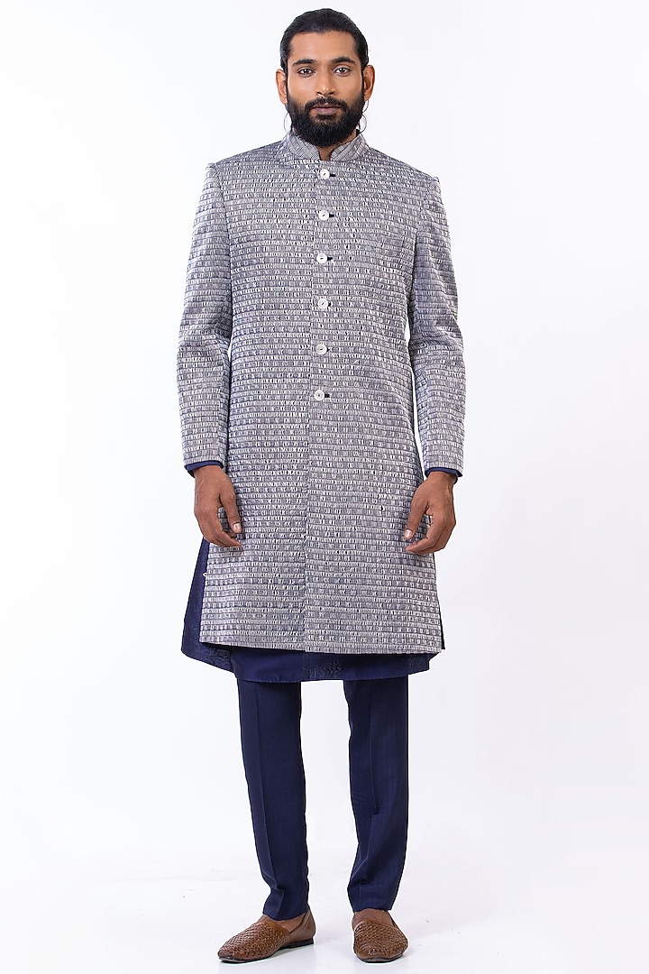 Blue Jacquard Silk Wedding Sherwani Set by Saksham and Neharicka Men at Pernia's Pop Up Shop