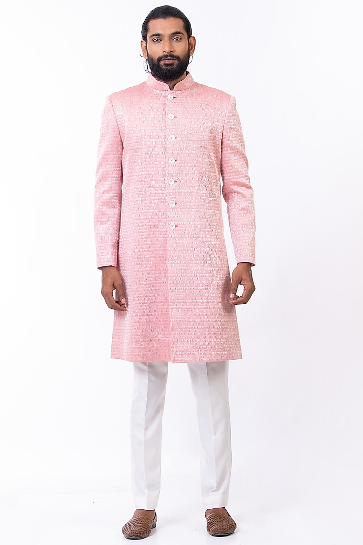 Pink Handcrafted Sherwani Set by Saksham and Neharicka Men