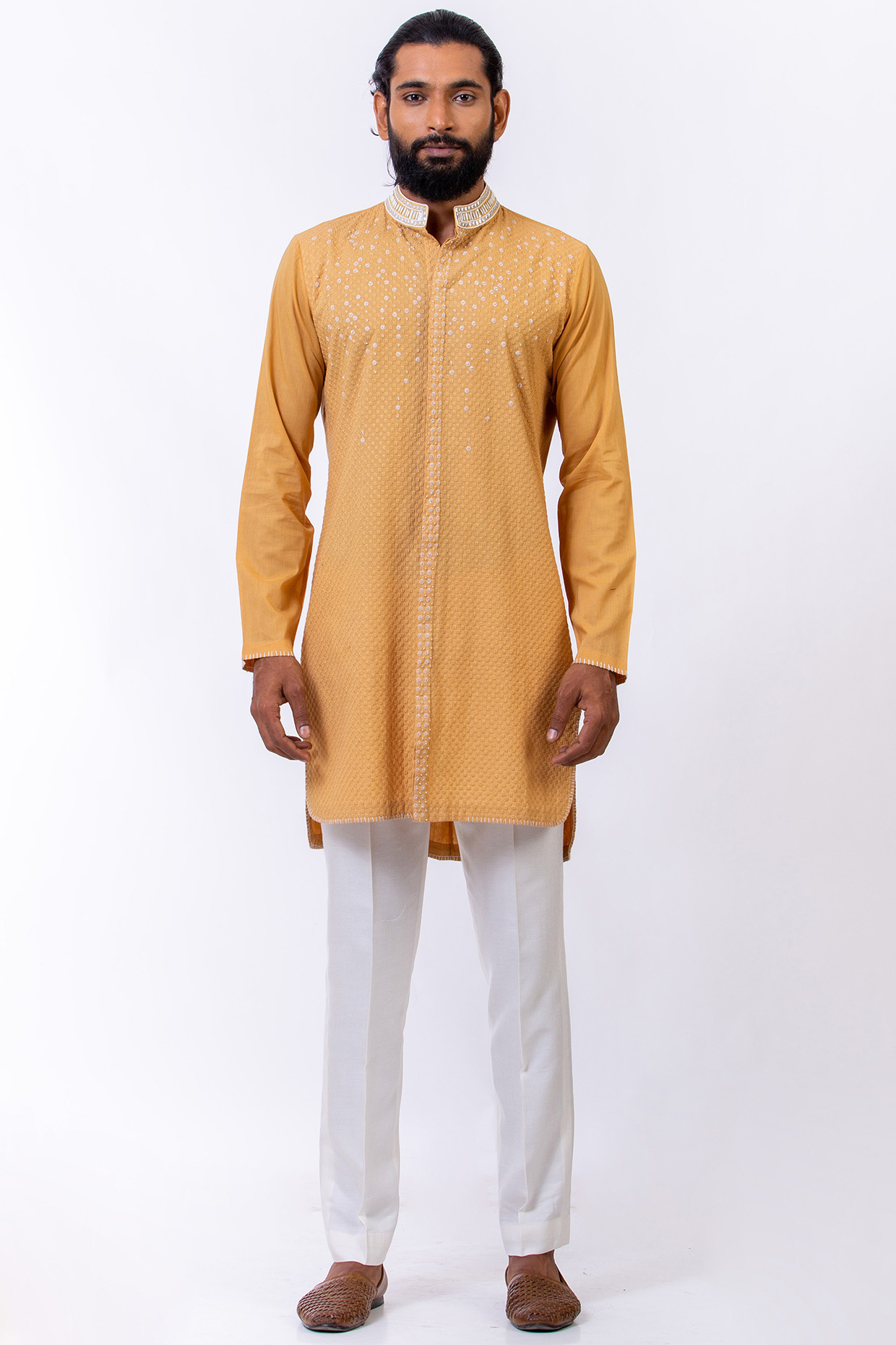 Ochre Hand Embroidered Kurta by Saksham and Neharicka Men