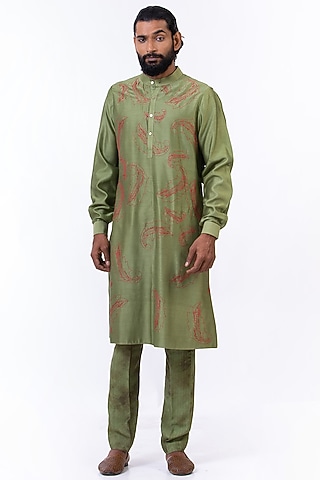 Olive Chanderi Hand Embroidered Handcrafted Kurta by Saksham and Neharicka Men