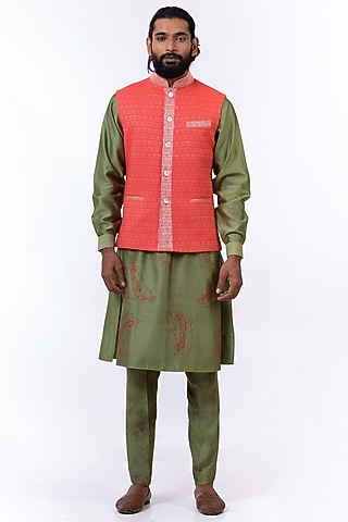 Flaming Red Handwoven Bundi Jacket by Saksham and Neharicka Men