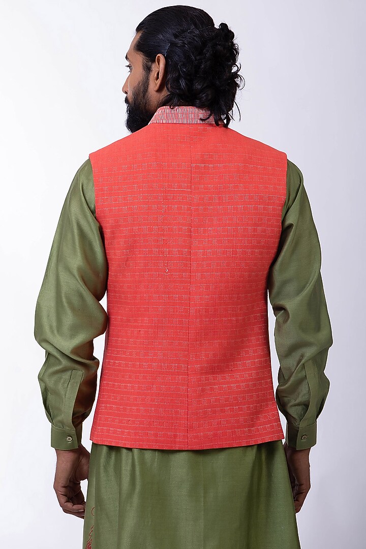 Flaming Red Handwoven Bundi Jacket by Saksham and Neharicka Men at Pernia's Pop Up Shop
