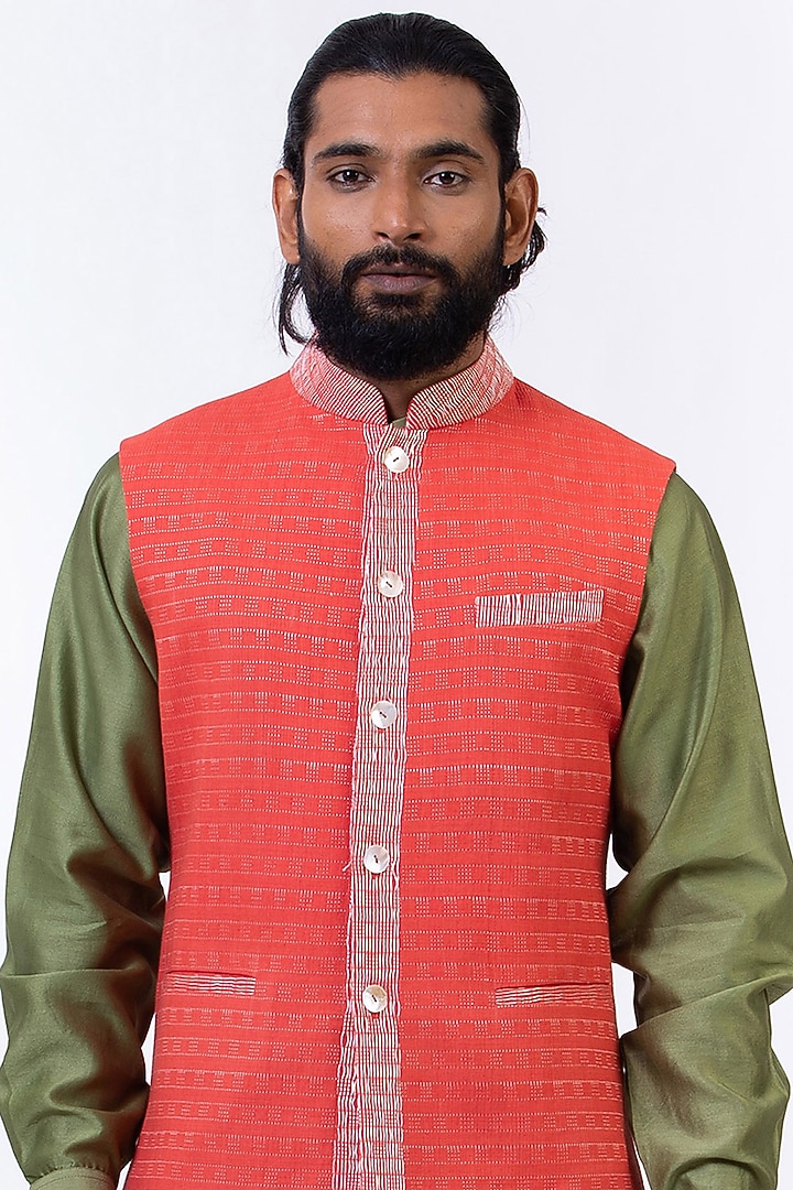Flaming Red Handwoven Bundi Jacket by Saksham and Neharicka Men at Pernia's Pop Up Shop