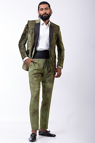 Olive Handcrafted Tuxedo Set by Saksham and Neharicka Men