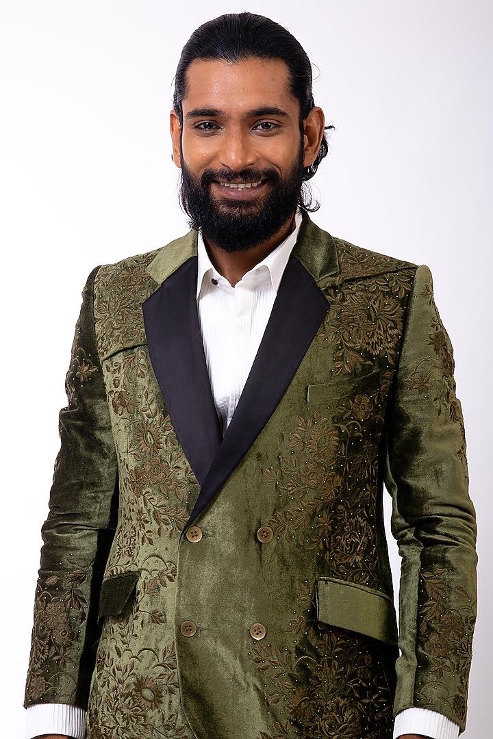 Olive Handcrafted Tuxedo Set by Saksham and Neharicka Men at Pernia's Pop Up Shop