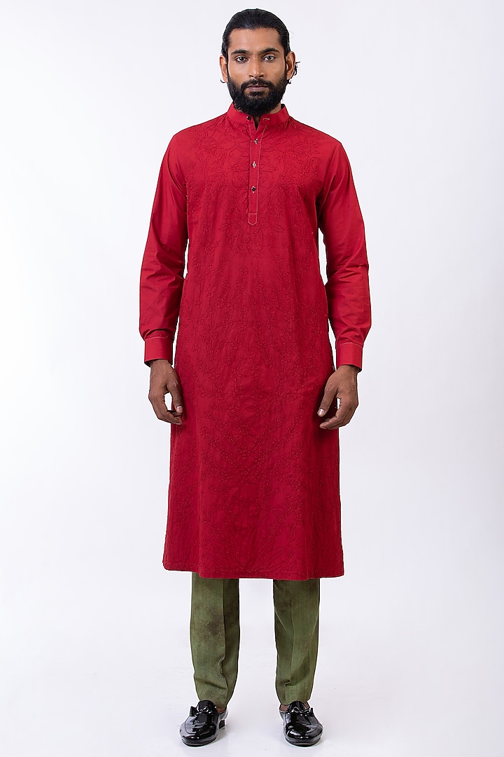 Red Embroidered Kurta by Saksham and Neharicka Men