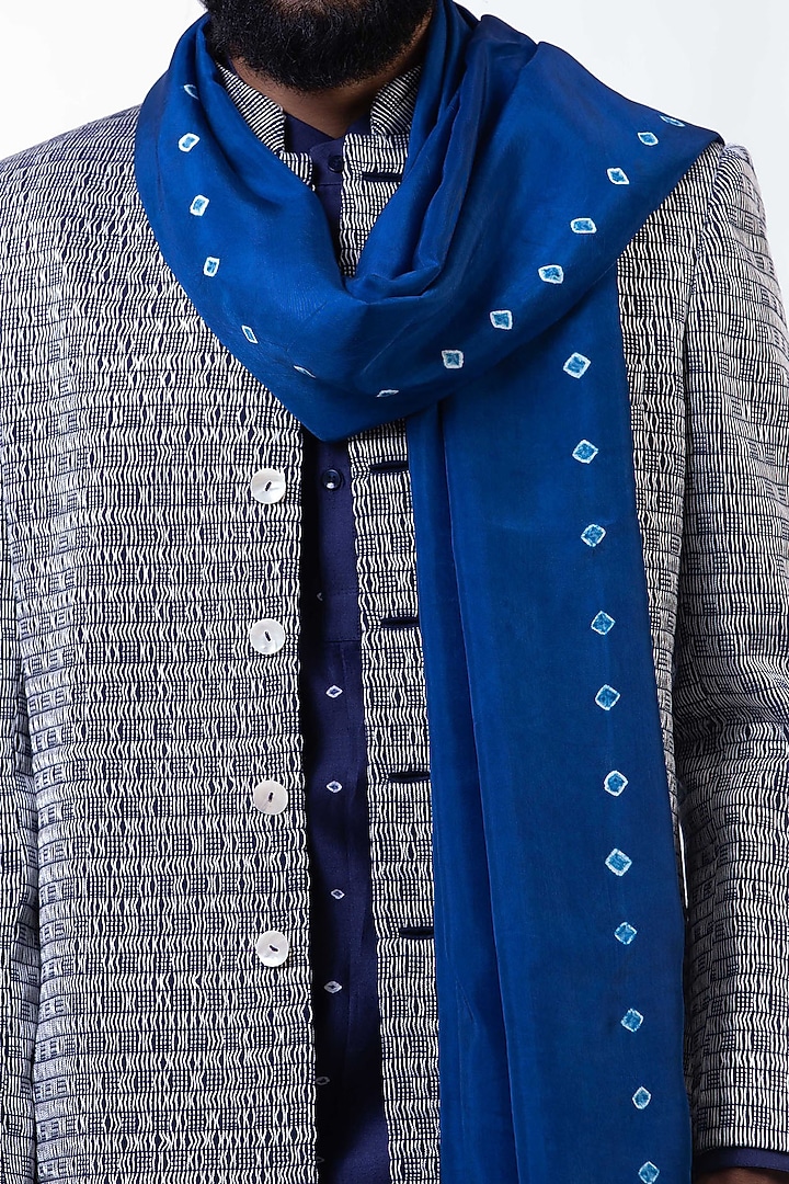 Blue Bandhani Scarf by Saksham and Neharicka Men at Pernia's Pop Up Shop