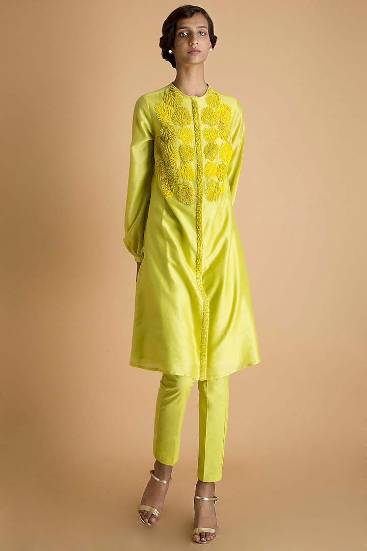 Lime Hand Embroidered Shirt Kurta by Saksham and Neharicka