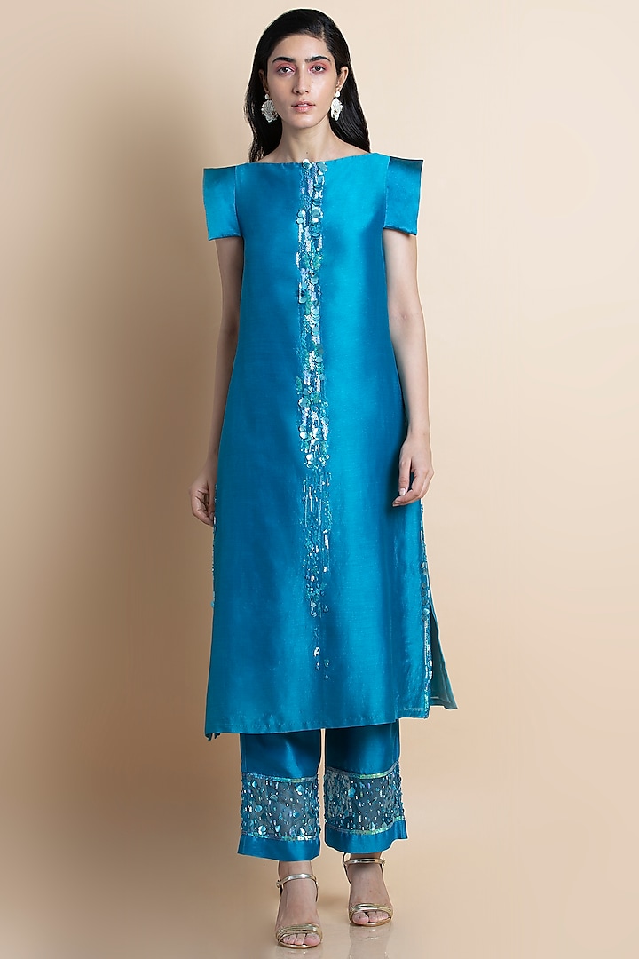 Aster Blue Machine & Hand Embroidered Kurta Set by Saksham and Neharicka at Pernia's Pop Up Shop