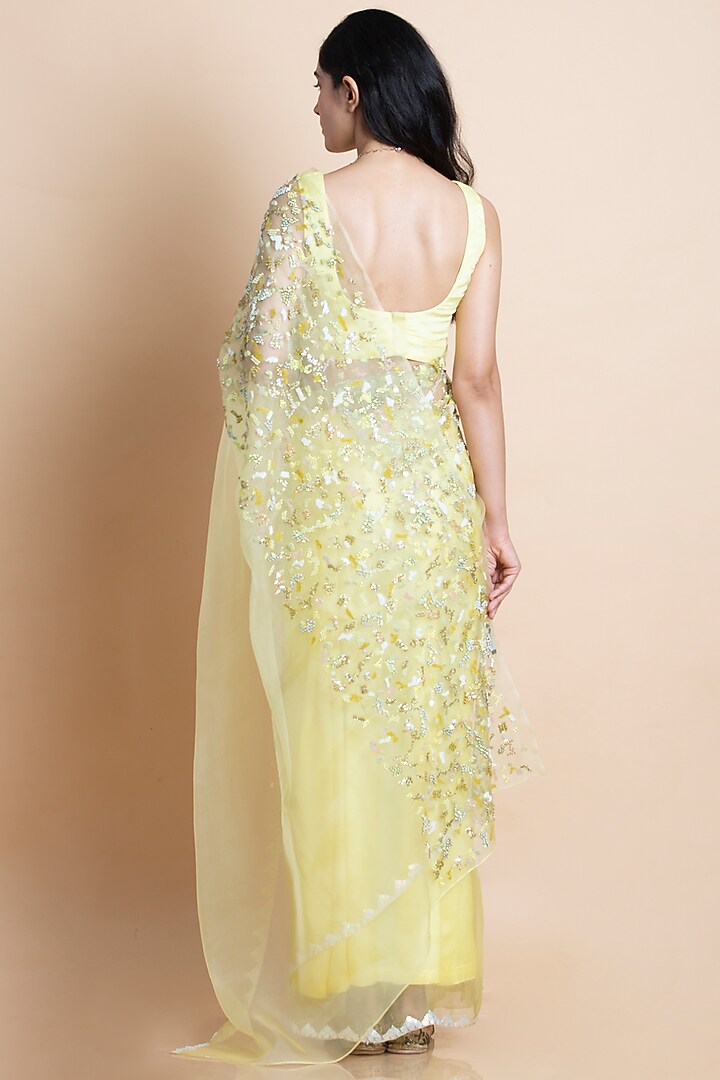 Light Yellow Silk Organza Hand Embroidered Wedding Saree Set by Saksham and Neharicka at Pernia's Pop Up Shop
