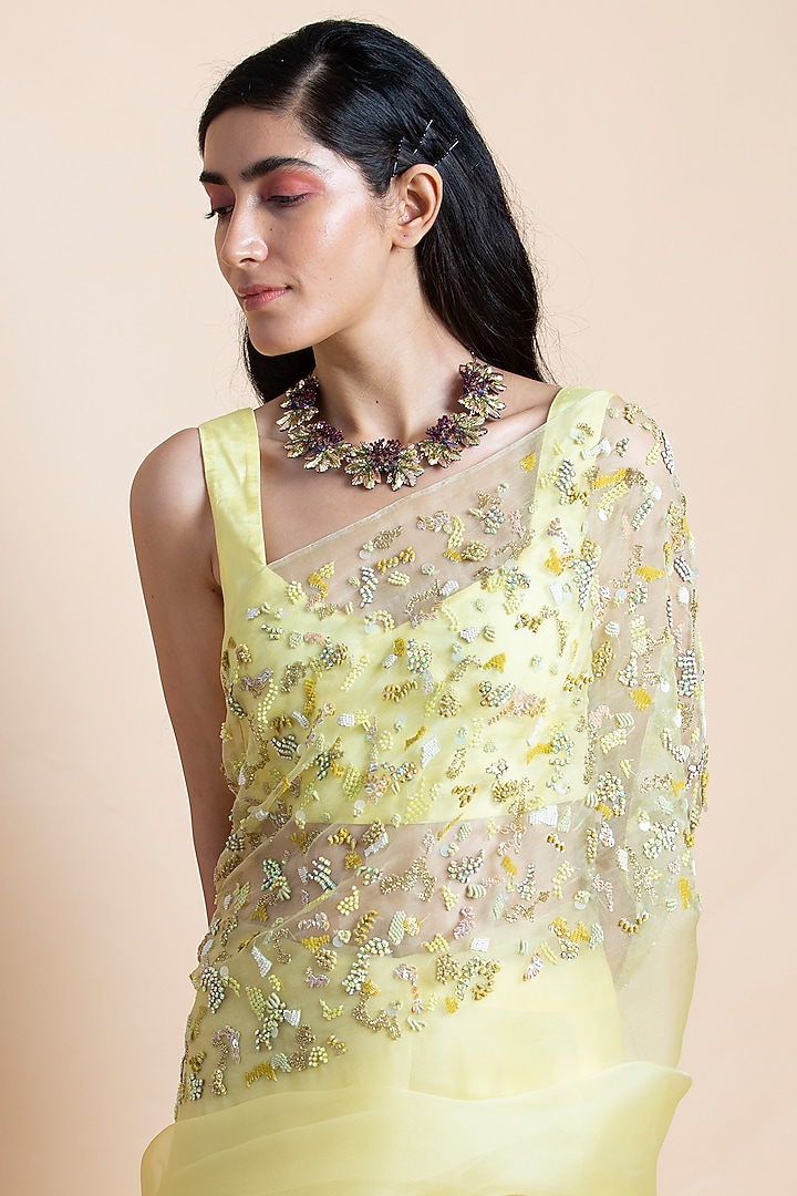 Light Yellow Silk Organza Hand Embroidered Wedding Saree Set by Saksham and Neharicka at Pernia's Pop Up Shop