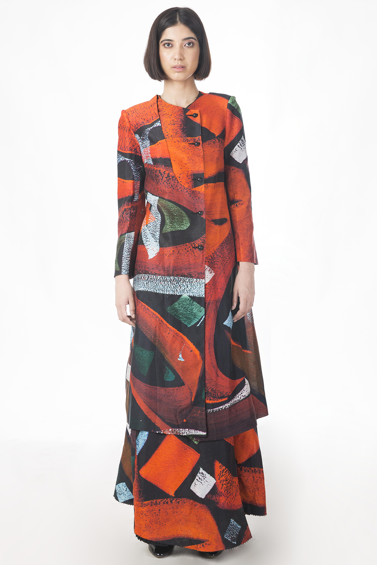 Burning Tomato Red Printed Tunic Set by Saksham and Neharicka at Pernia's Pop Up Shop