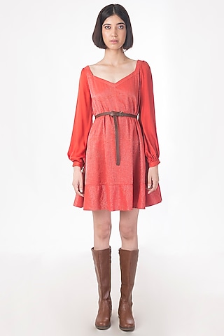 Scarlet Red Machine Embroidered Dress by Saksham and Neharicka
