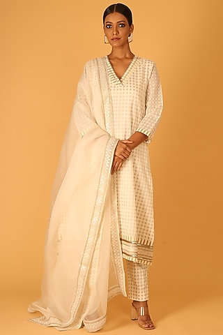 Ivory Chanderi Brocade Hand Embroidered Kurta Set by Saksham and Neharicka