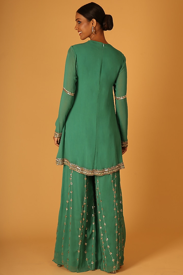 Green Georgette Hand Embroidered Wedding Sharara Set by Saksham and Neharicka at Pernia's Pop Up Shop