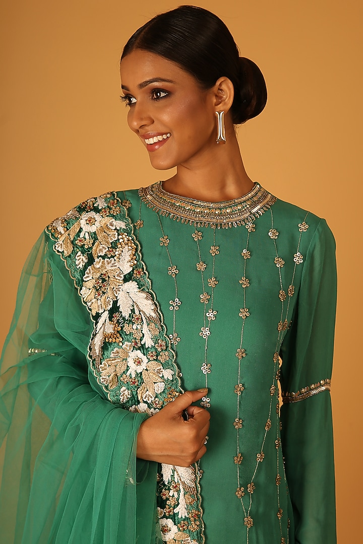 Green Georgette Hand Embroidered Wedding Sharara Set by Saksham and Neharicka at Pernia's Pop Up Shop