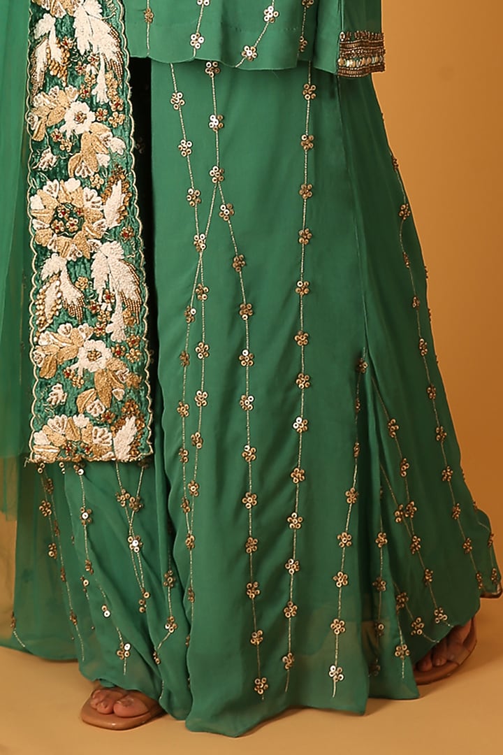Green Georgette Hand Embroidered Wedding Sharara Set by Saksham and Neharicka at Pernia's Pop Up Shop
