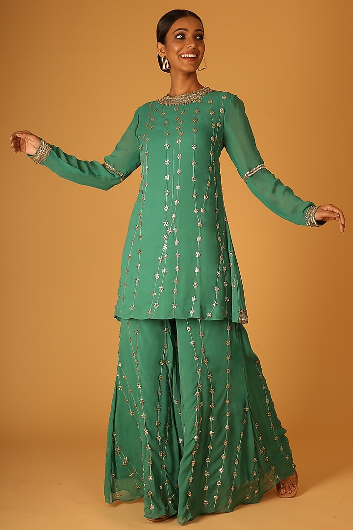 Green Georgette Hand Embroidered Wedding Sharara Set by Saksham and Neharicka at Pernia's Pop Up Shop