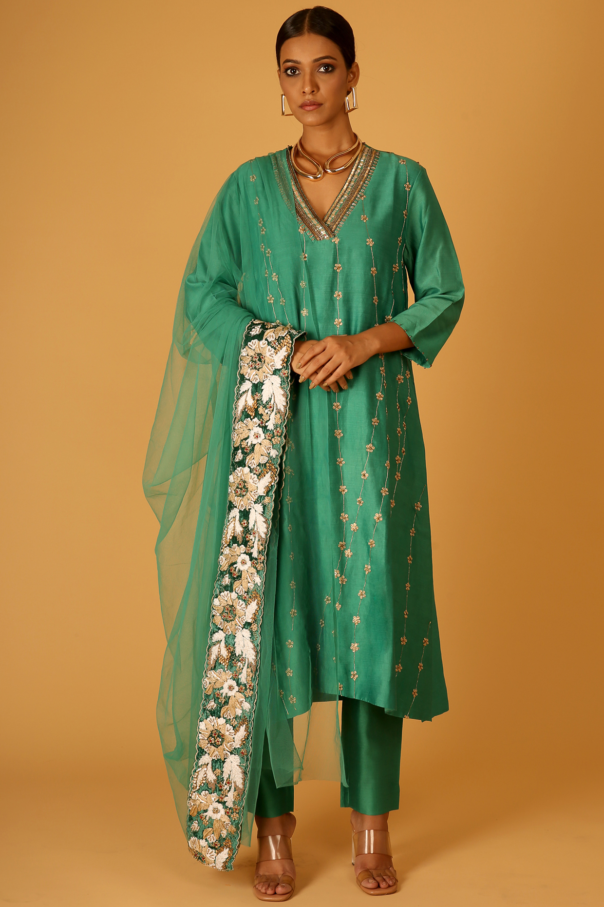 Green Chanderi Hand Embroidered A-Line Kurta Set by Saksham and Neharicka at Pernia's Pop Up Shop