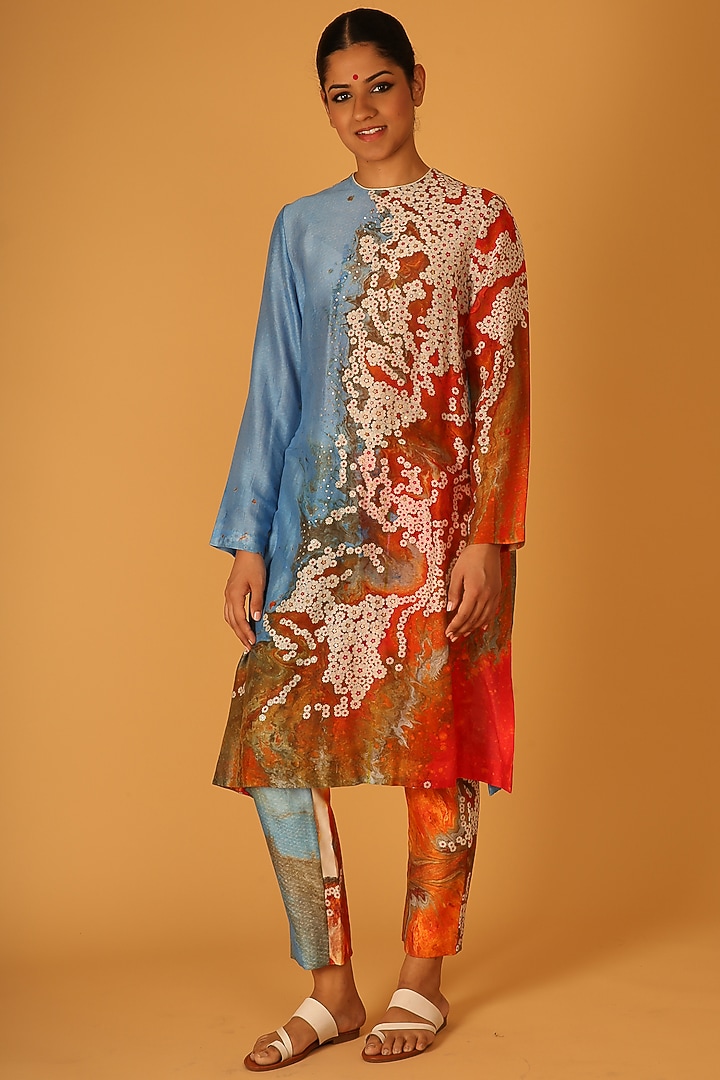 Multi-Colored Pure Cotton Silk Chanderi Hand Embroidered & Hand Painted Kurta by Saksham and Neharicka at Pernia's Pop Up Shop