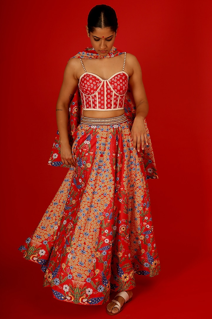 Red Chanderi Silk Digital Printed & Hand Embroidered Lehenga Set by Saksham and Neharicka at Pernia's Pop Up Shop