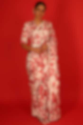 Red & Ivory Satin Digital Printed Handcrafted Festive Saree Set by Saksham and Neharicka at Pernia's Pop Up Shop