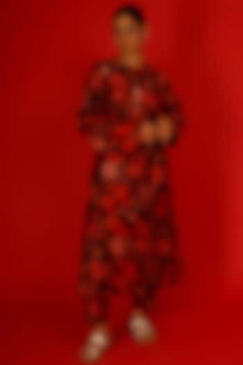 Red & Black Pure Banarasi Silk Digital Printed Handcrafted Kurta by Saksham and Neharicka at Pernia's Pop Up Shop