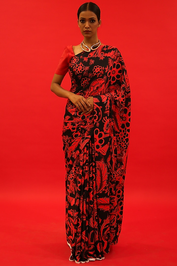 Red & Black Satin Georgette Digital Printed Handcrafted Saree Set Design by  Saksham and Neharicka at Pernia's Pop Up Shop 2024