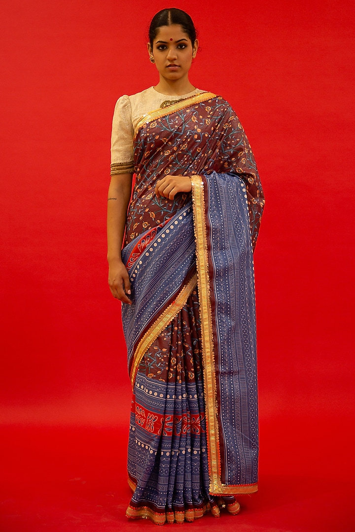 Maroon Cotton Lurex Digital Printed Handcrafted Festive Saree Set by Saksham and Neharicka at Pernia's Pop Up Shop