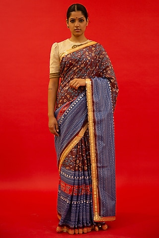 Maroon Cotton Lurex Digital Printed Handcrafted Saree Set by Saksham and Neharicka
