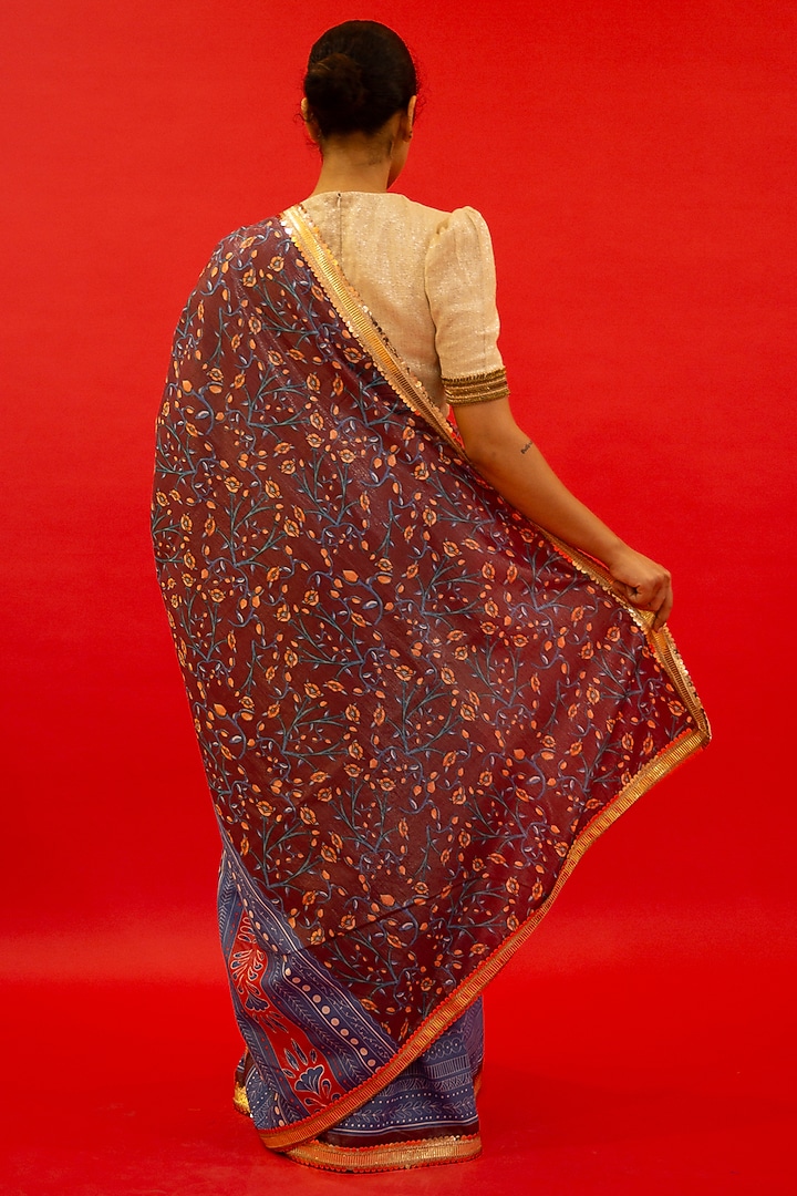 Maroon Cotton Lurex Digital Printed Handcrafted Festive Saree Set by Saksham and Neharicka at Pernia's Pop Up Shop