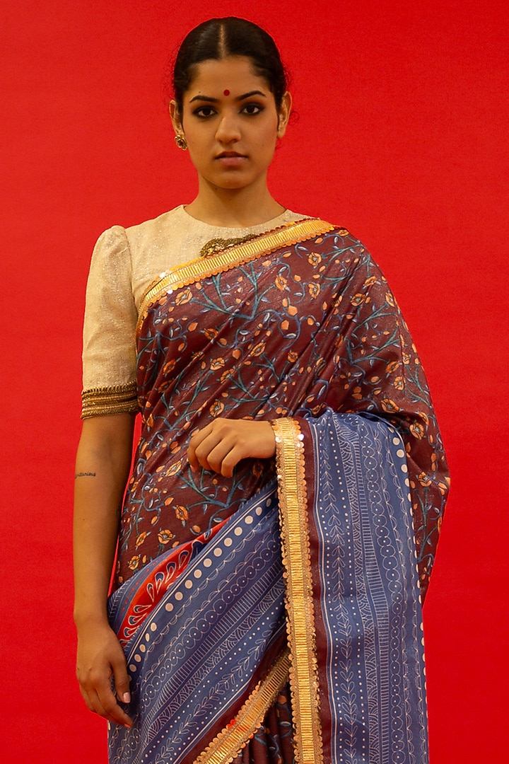 Maroon Cotton Lurex Digital Printed Handcrafted Festive Saree Set by Saksham and Neharicka at Pernia's Pop Up Shop