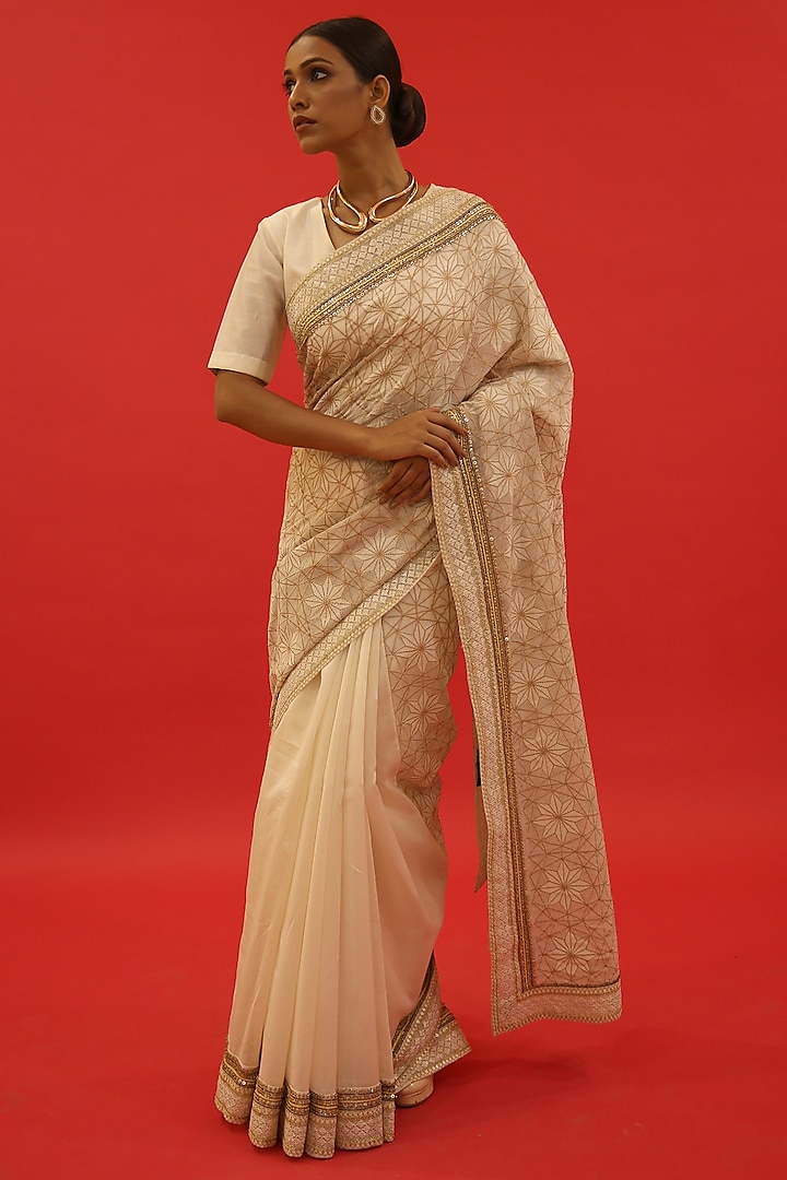 Ivory Banarasi Cotton Silk Resham Hand Embroidered Saree Set by Saksham and Neharicka at Pernia's Pop Up Shop